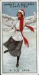 The cigarette cards in the set are : 1, A Toe Tip 2, Pair Skating 3, Skating 4, The Double Pirouette 5, Skate Sailing 6, The Jump 7, Ladies Ski-ing 8, Ski-ing 9, Ski-ing, Herring-Boning 10, Ski-ing, The Telemark Turn 11, Skijoring 12, Ladies Skijoring 13, Sleighing 14, Driving, Racing-Sleigh 15, Bob Sleighing 16, Tailing 17, Tobogganing 18, Ladies Tobogganing 19, Tobogganing, Jumping 20, Tobogganing Cycle Race 21, Curling 22, Curling (Out Handle) 23, Ice Hockey 24,Ice Carnival 25,Ice Yachting.