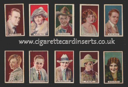 Cinema Stars red back 1930 issued with "Teal" cigarettes colourful set including such western stars as Tom Mix, H Carey, etc etc, some cigarette cards, have slight exposure staining "foxing" but all are strong, average good