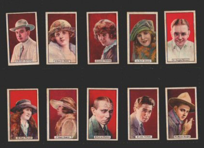 Cinema Stars red back 1930 issued with "Teal" cigarettes colourful set including such western stars as Tom Mix, H Carey, etc etc, some cigarette cards, have slight exposure staining "foxing" but all are strong, average good