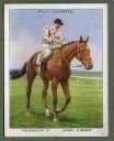 The cigarette cards in the set are : 1 "Battleship" B Hobbs, 2 "Black Speck” ,A Richardson,3 "Bois Roussel"    EC Elliott,  4 "Bookseller"  G Richards,5 "Cave Man"  C Richards, 6 "Challenge", E Smith,7 "Cosmopolitan" J Crouch, 8 "Couvert" C Richards, 9   "Fair Copy"  R Perryman, 10  "Flares"   RA Jones, 11 "Foray" P Beasley, 12 "Foxborough II"  P Beasley, 13 "Foxglove II" G Richards, 14 "Free Fare"    B Hobbs, 15 "Golden Sovereign"  T Weston, 16 "Legend of France" A Richardson, 17  "Mirza II"  H Wragg, 18 "Monument" P Beasley, 19 "Panorama"    P Beasley, 20 "Path of Peace"  M Beary, 21 "Prometheus" W Rickaby, 22 "Rogerstone Castle"   EC Elliott, 23 "Royal Danieli D Moore, 24 "Scottish Union" B Carslake, 25 "Senor" ,J Crouch, 26  "Snake Lightning"  T Hawcroft, 27 "Zoltan" M Beary, 28 "Carlisle" B Carslake, 29 "Contravent" A Tucker, 30   "Helleniqua"  B Guimard, 31 "Kellsboro Jack" D Morgan, 32 "Meadow" T Weston, 33 "Morse Code" D Morgan, 34 "Pasch" G Richards, 35 "Portobello"  P Beasley, 36 "Rockfel" H Wragg, 37 "St Magnus" R Perryman, 38 "Shalfleet"    R Perryman, 39 "Unspeakable" P Beasley, 40  "Waterbird" E Smith.