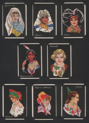 Girls of Many Lands 1929 large size, set of 50 cigarette cards beautiful girls on black background, excellent condition