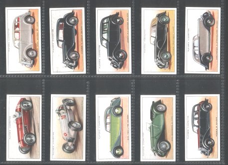 A series 1936 pretty  cigarette cards set, including card such as  Daimler, 15 saloon, Hillman minx saloon de luxe, M.G. Magnette n type, Morris 25 saloon, Rolles -royce 20-25 saloon, SS Jaguar 21/2 litter saloon , and lot more. excellent condition