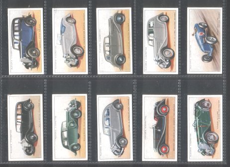 A series 1936 pretty  cigarette cards set, including card such as  Daimler, 15 saloon, Hillman minx saloon de luxe, M.G. Magnette n type, Morris 25 saloon, Rolles -royce 20-25 saloon, SS Jaguar 21/2 litter saloon , and lot more. excellent condition
